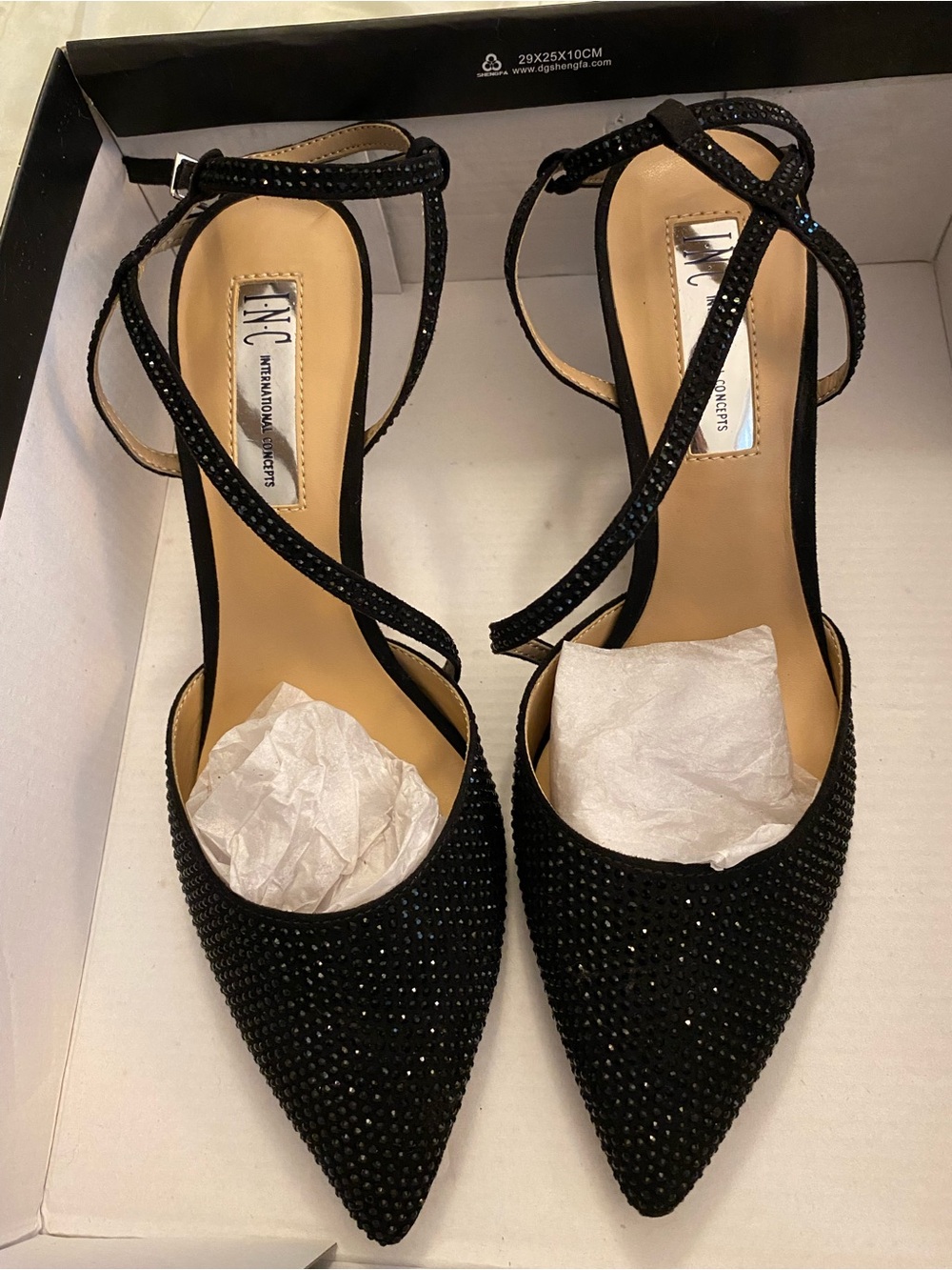 INC International Concepts Black Crystal Pointed Toe Ankle Strap Heels